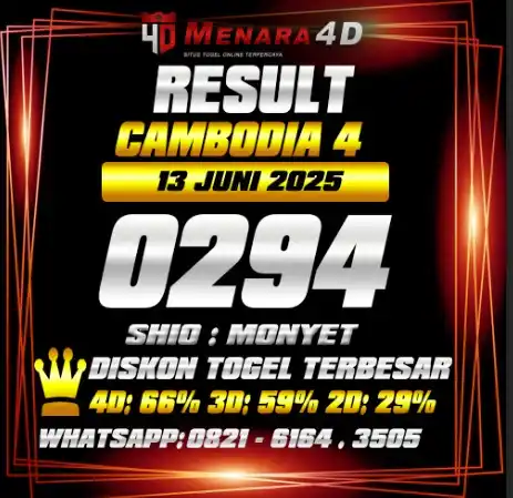 Image from PREDIKSI TOGEL MENARA4D: CAMBODIA 4 MENARA4D 13 JUNI 2025 RESULT : 0294 SHIO : MONYET BAGI YANG...