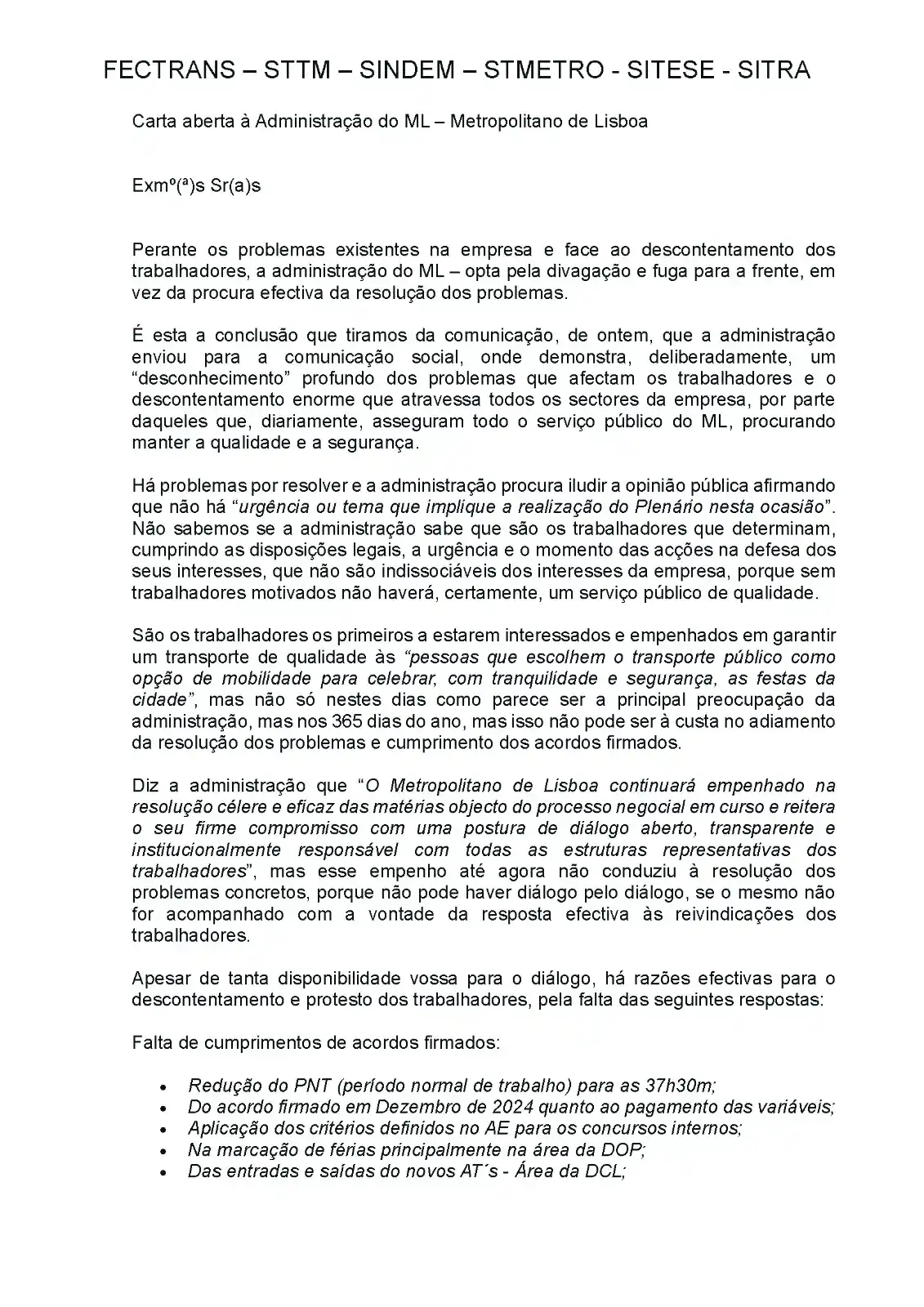Image from FECTRANS: Carta aberta à administração do ML O conjunto de organizações sindica...