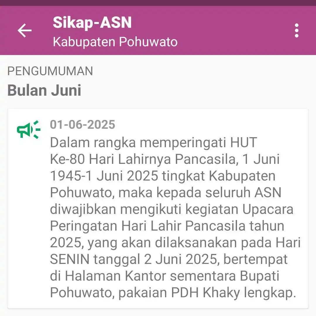 Image from BKPSDM Pohuwato: Dalam rangka memperingati HUT Ke-80 Hari Lahirnya Pancasila, 1 Juni 19...