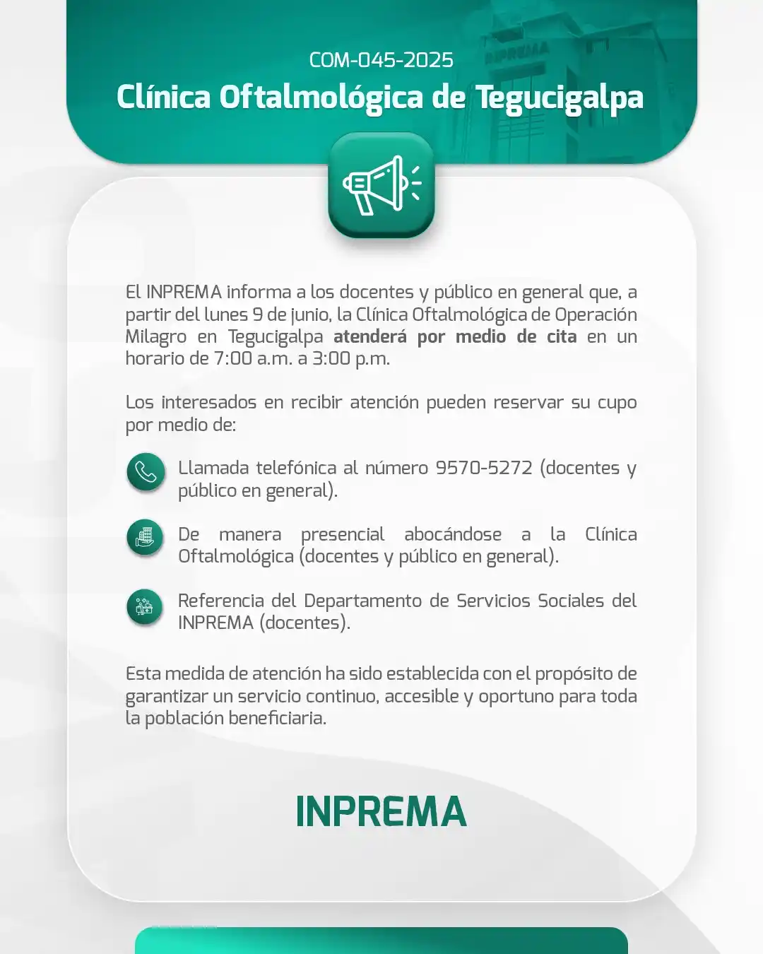 Image from INPREMA protege tu futuro: 📢 El INPREMA informa que a partir del 9 de junio 📅 la atención en la...