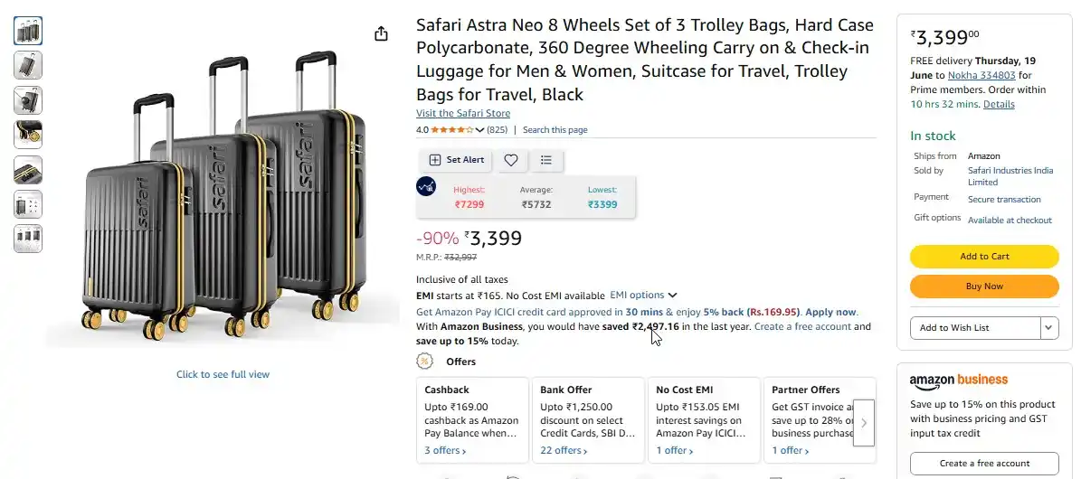 Image from DealsSpy Deals @ WhatsApp: Lowest 🔥 *Safari Astra Neo Polycarbonate 3 Pc Trolley Set @ ₹3399 <a ...