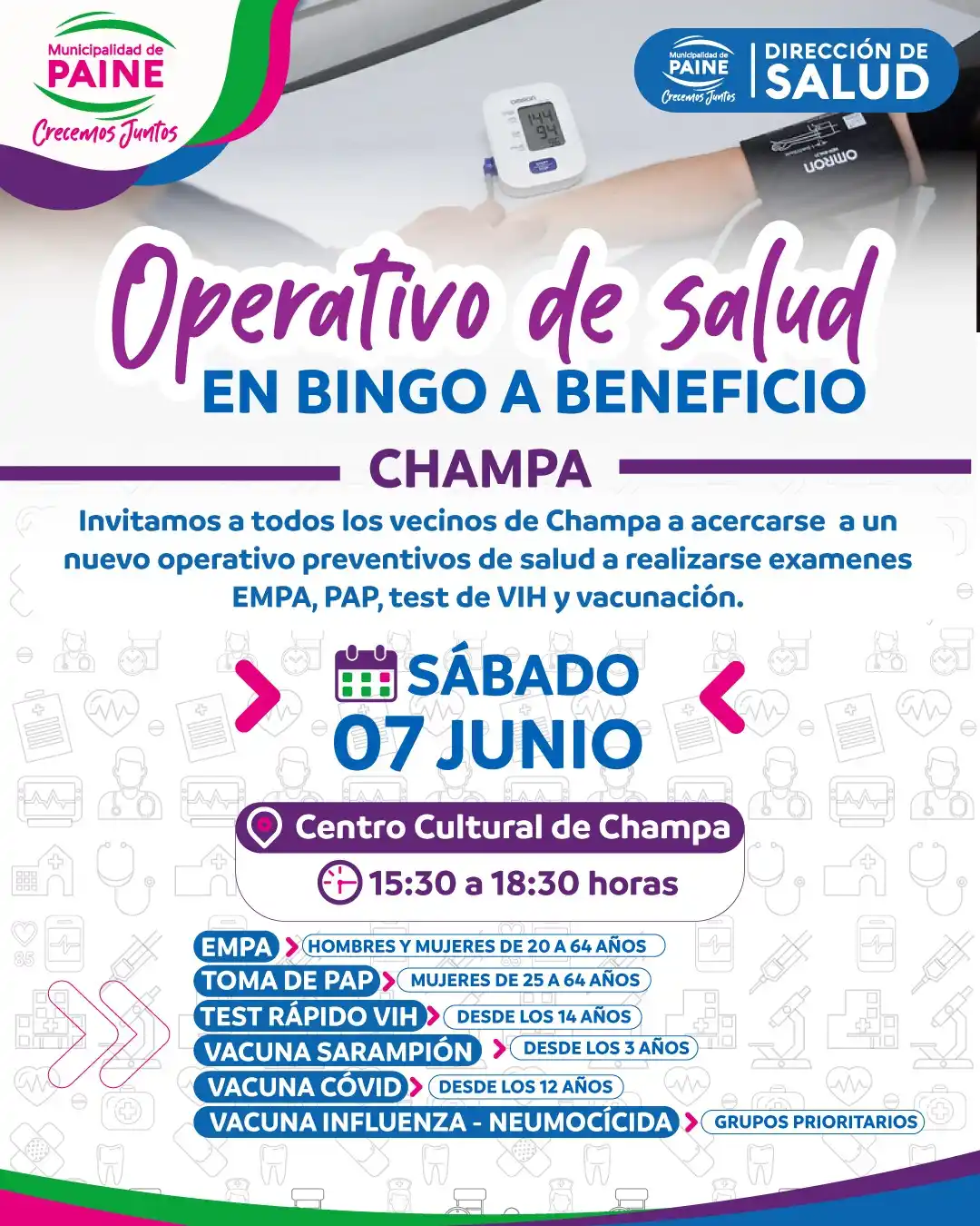 Image from Muni de Paine: 🩺OPERATIVO PREVENTIVO DE SALUD EN CHAMPA, DURANTE BINGO A BENEFICIO �...
