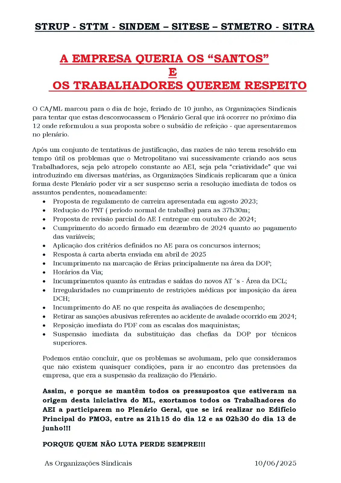 Image from FECTRANS: Os trabalhadores querem respeito! O CA/ML (Conselho de Administração ...