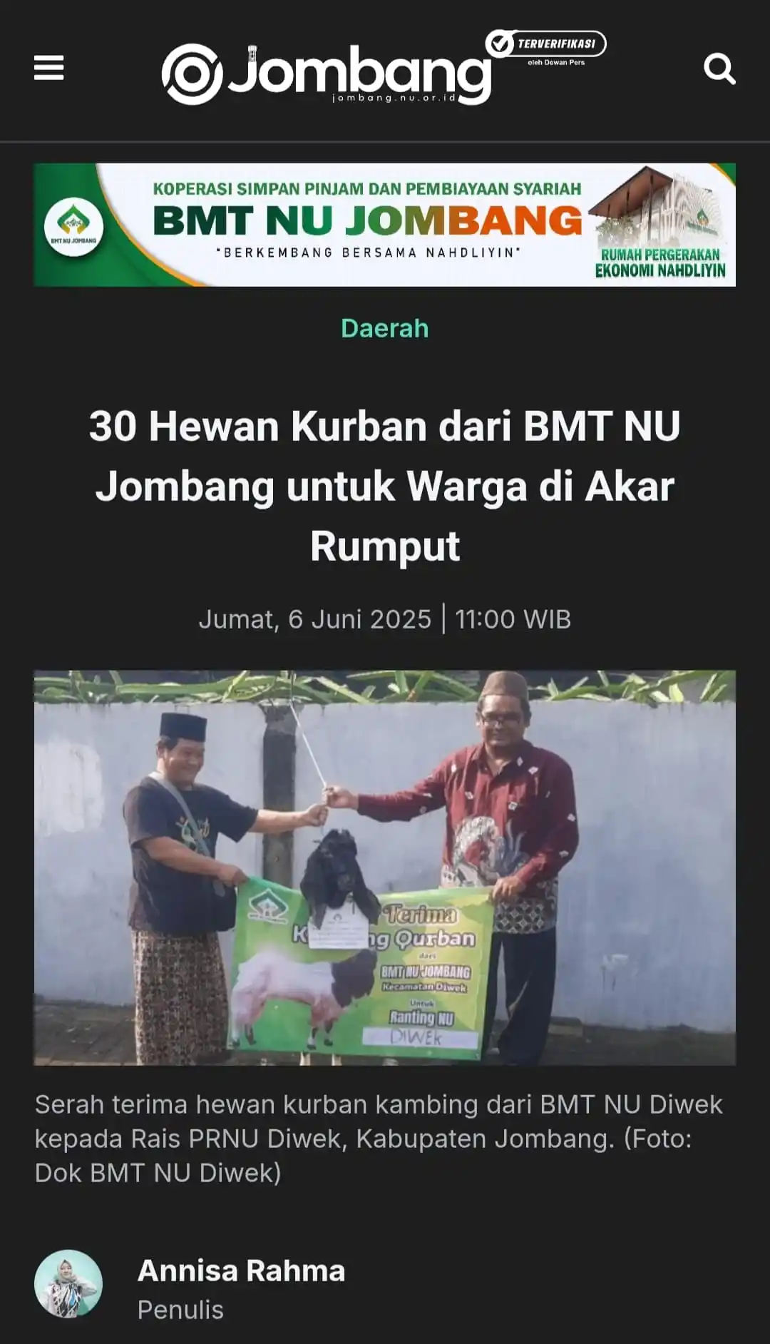 Image from NU Online Jombang: *30 Hewan Kurban dari BMT NU Jombang untuk Warga di Akar Rumput* _"BM...