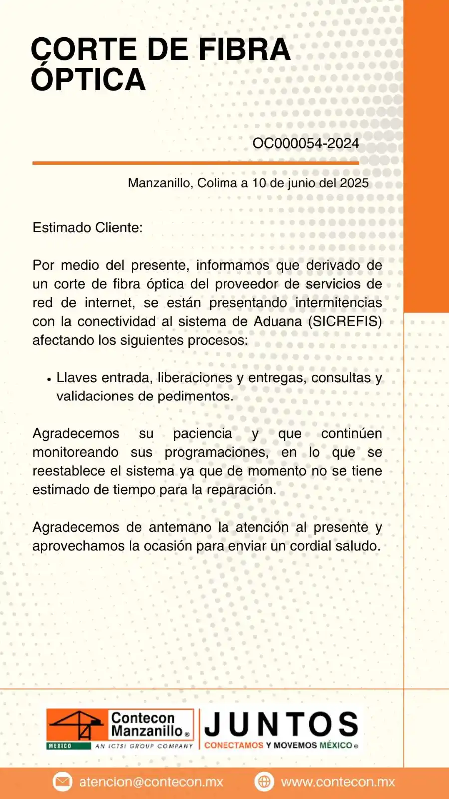 Image from Festivos Días Inhábiles, contingencia, Repadi Aduanas México con José Castañón: AAAPUMAC INFORMA 📢// COMUNICADO CONTECON// CORTE DE FIBRA ÓPTICA 🌐...