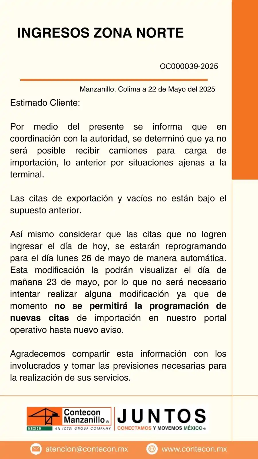 Image from Festivos Días Inhábiles, contingencia, Repadi Aduanas México con José Castañón: *AAAPUMAC INFORMA COMUNICADO DE CONTECON - INGRESOS ZONA NORTE 22 DE M...