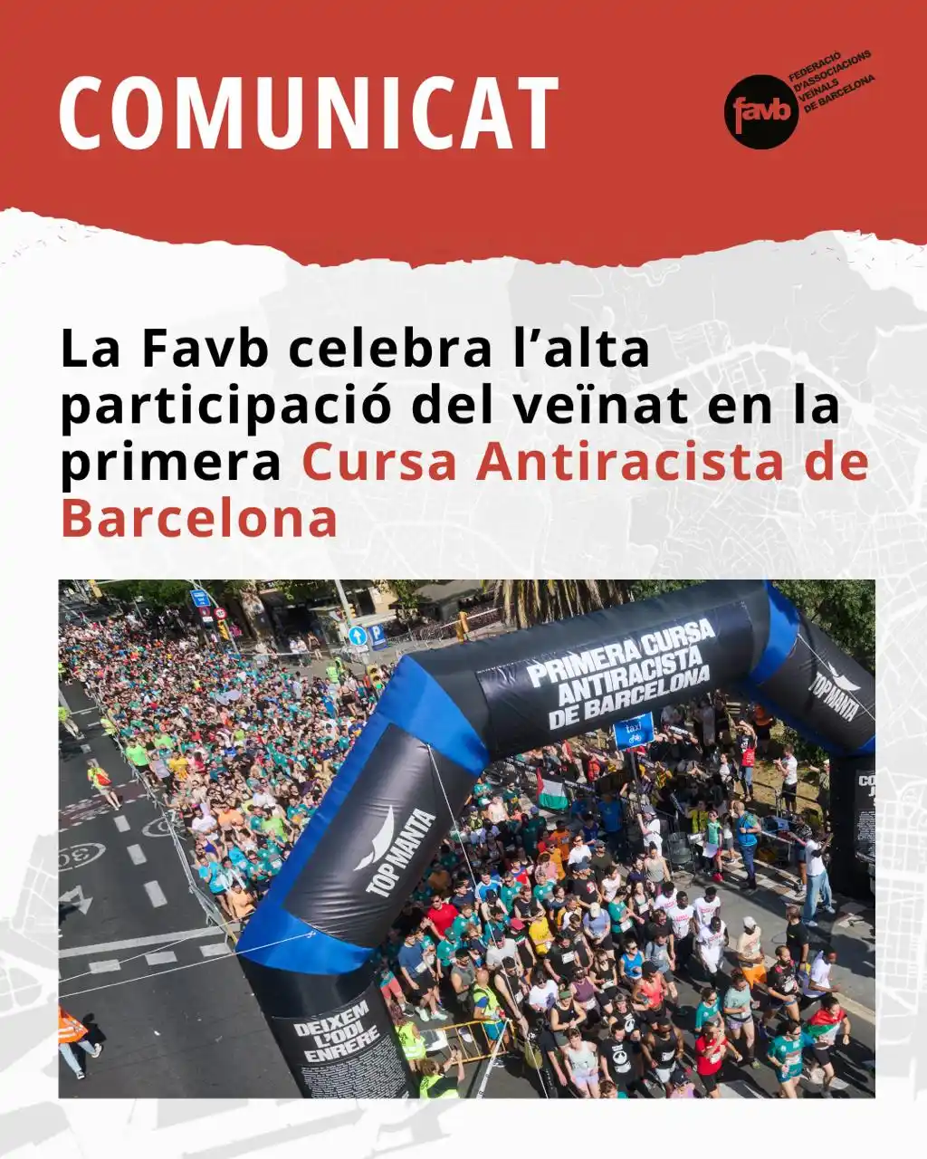 Image from FAVB Federació d'Associacions Veïnals de Barcelona: Bon dia 🗞️ 🔴 La primera Cursa Antiracista de Barcelona, organitzada...
