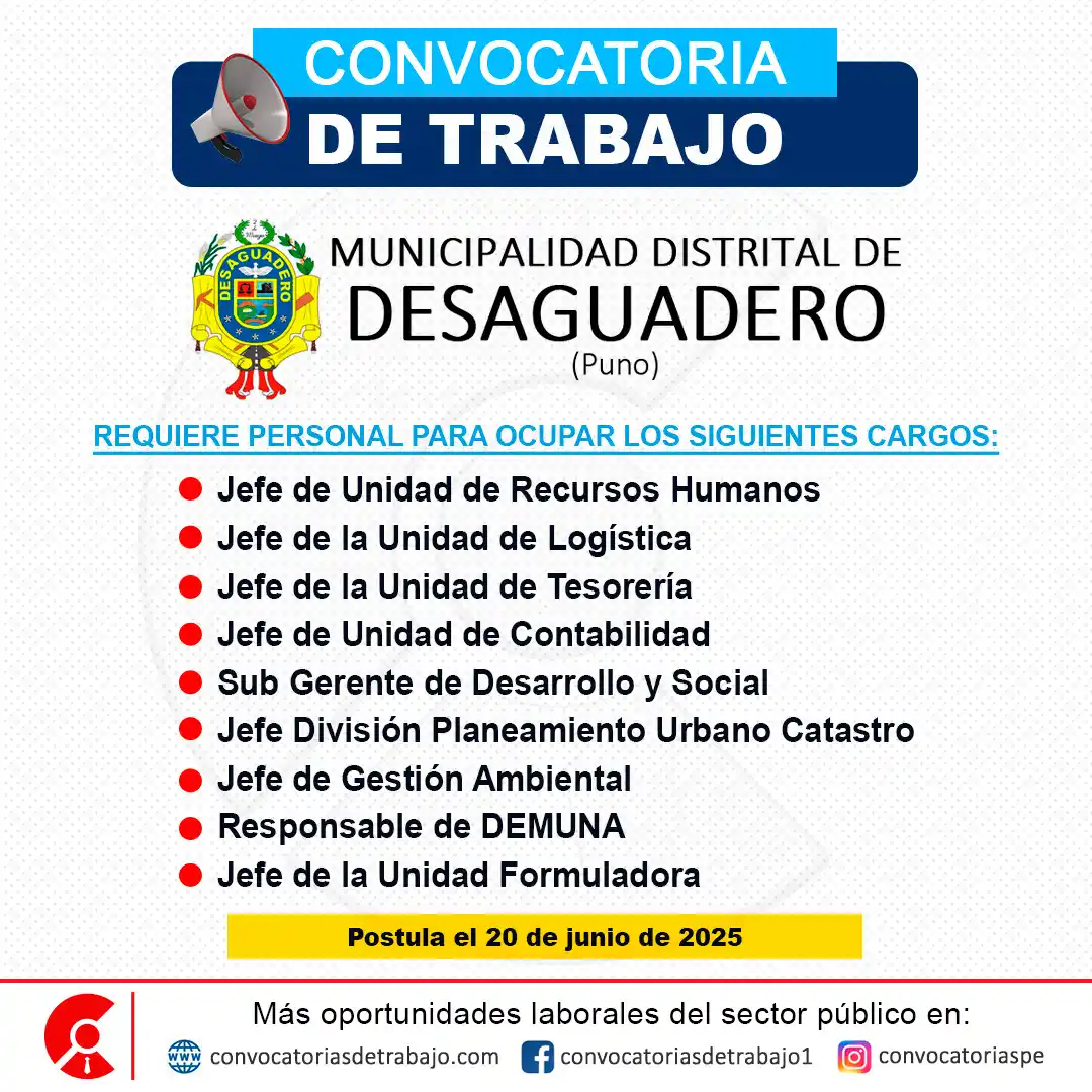 Image from Convocatorias Derecho: Empleos - Prácticas - Capacitaciones: 📢 Oportunidad laboral en: MUNICIPALIDAD DE DESAGUADERO - Puno 📋 Más ...