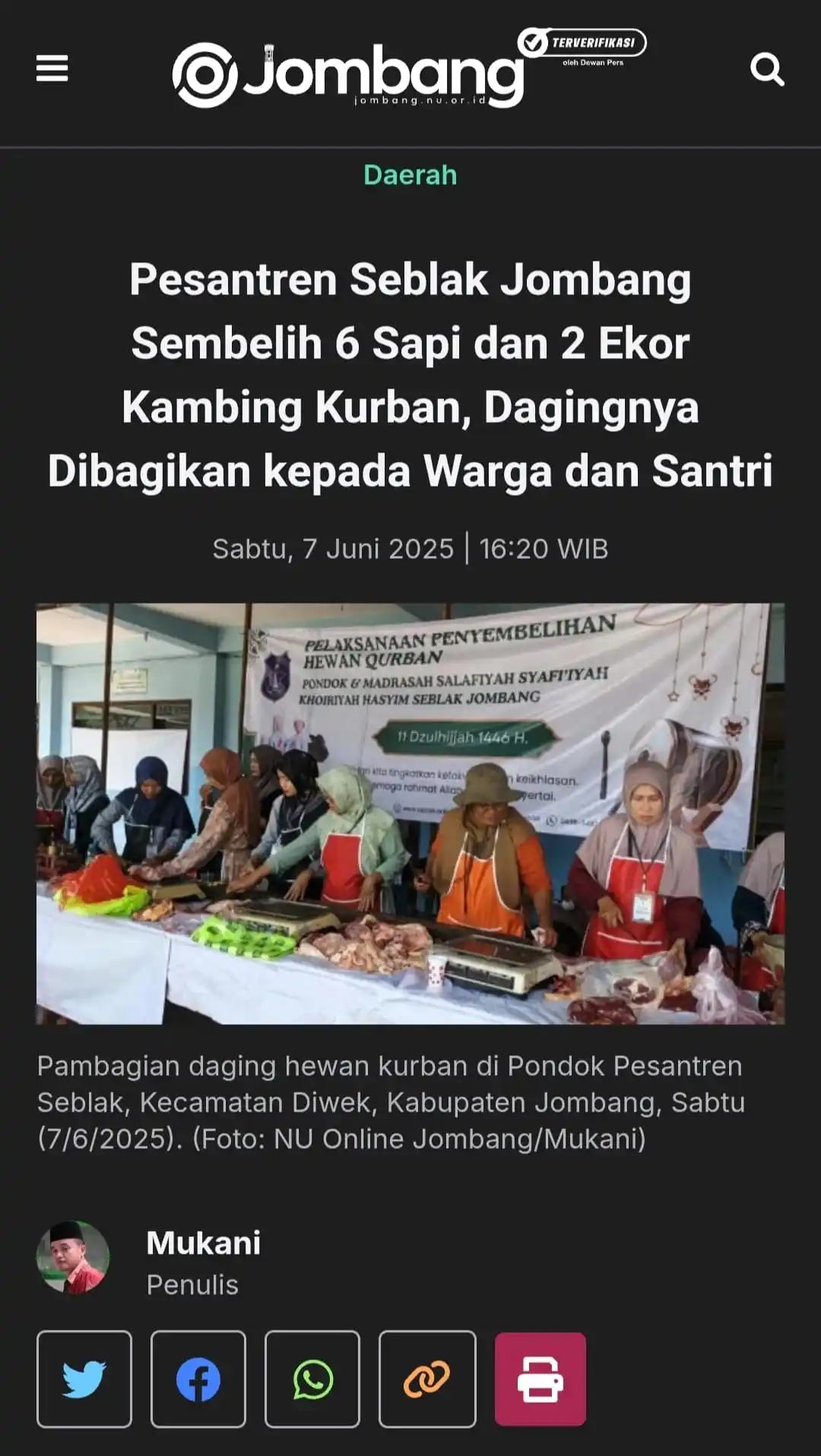Image from NU Online Jombang: *Pesantren Seblak Jombang Sembelih 6 Sapi dan 2 Ekor Kambing Kurban, D...