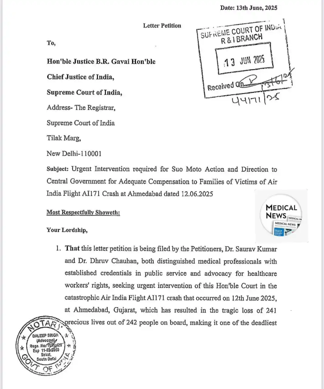 Image from Medical News & Updates: *Petition Filed in Supreme Court Over AI171 Crash Tragedy for Suo Moto...