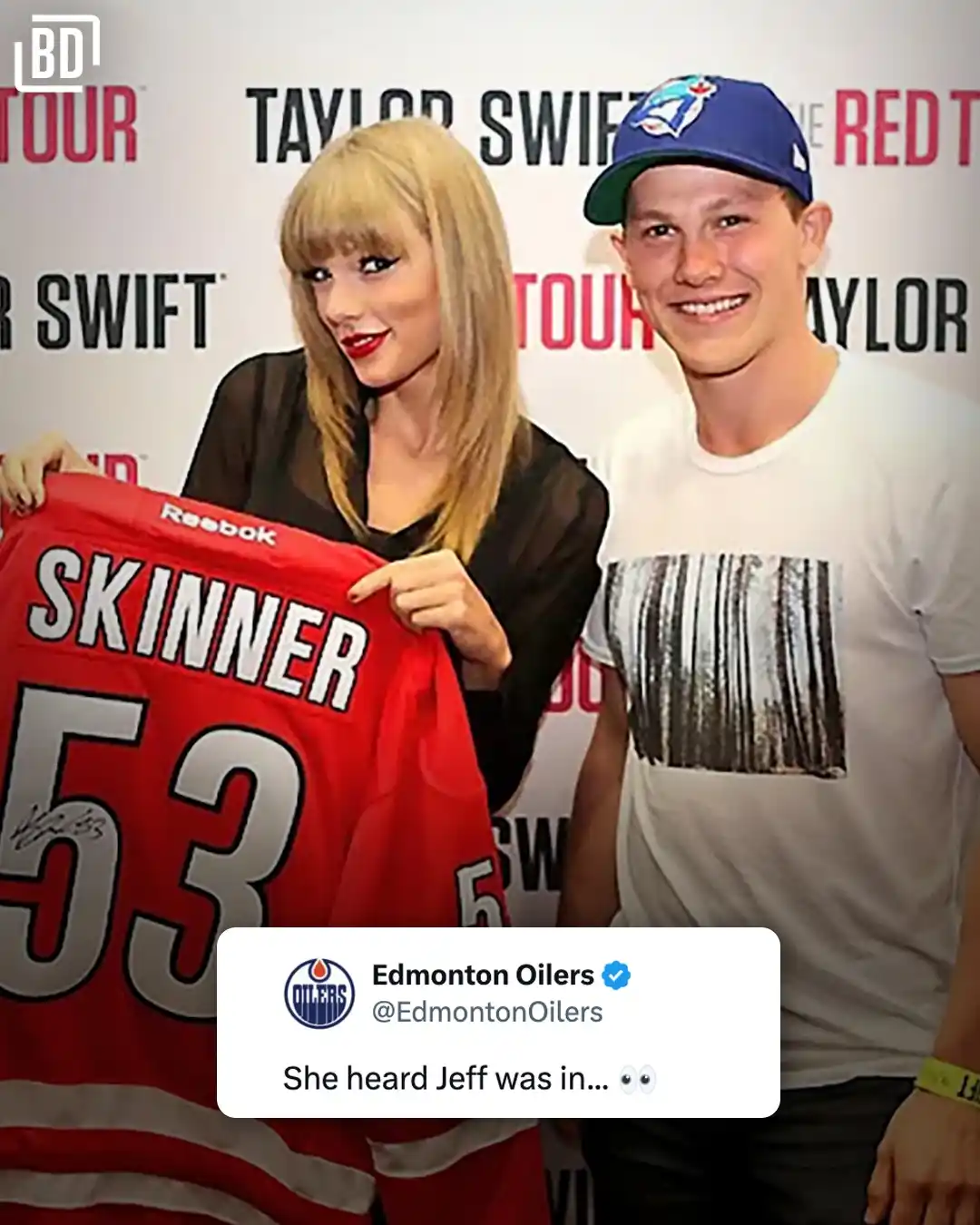 Image from BarDown: Taylor had to go support her old friend Jeff Skinner in his first Stan...