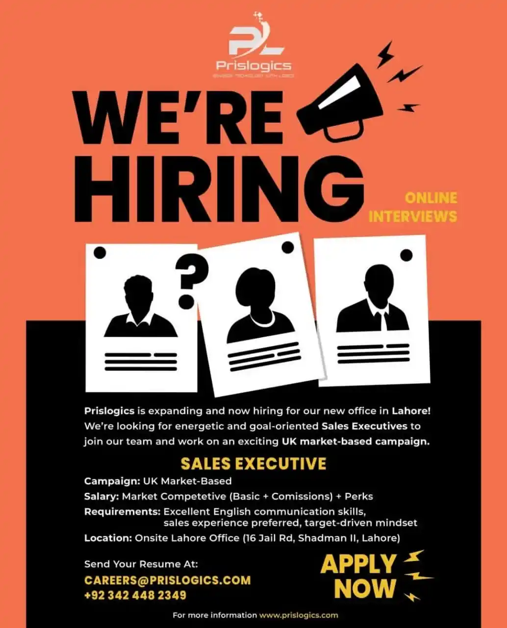 Image from Employmentor - Awais: 🌟 WE'RE HIRING – LAHORE! 🌟 Join Prislogics as we launch our new bran...