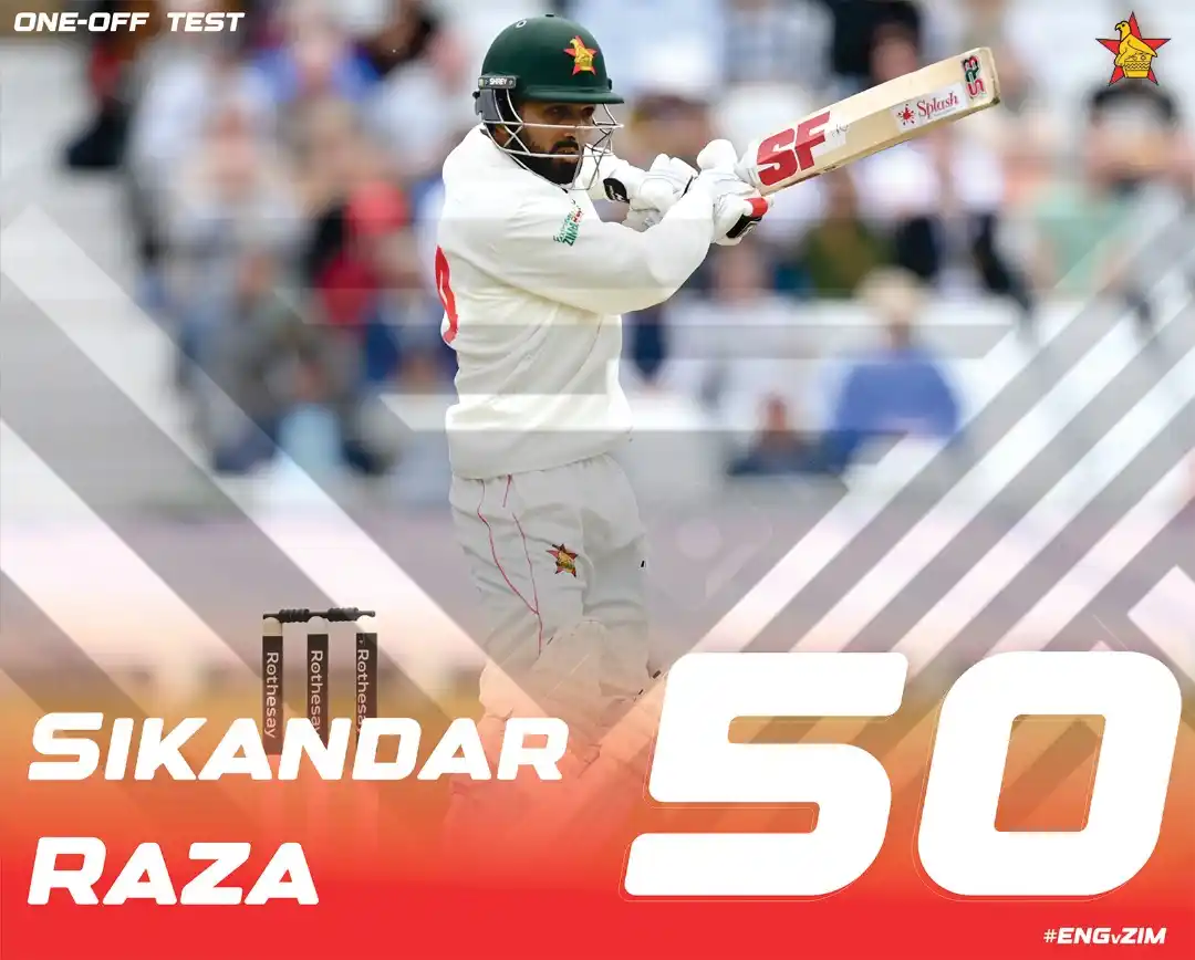 Image from Zimbabwe Cricket: A 10th Test half-century for Sikandar Raza 👏 Ball-by-ball 📝: https:...