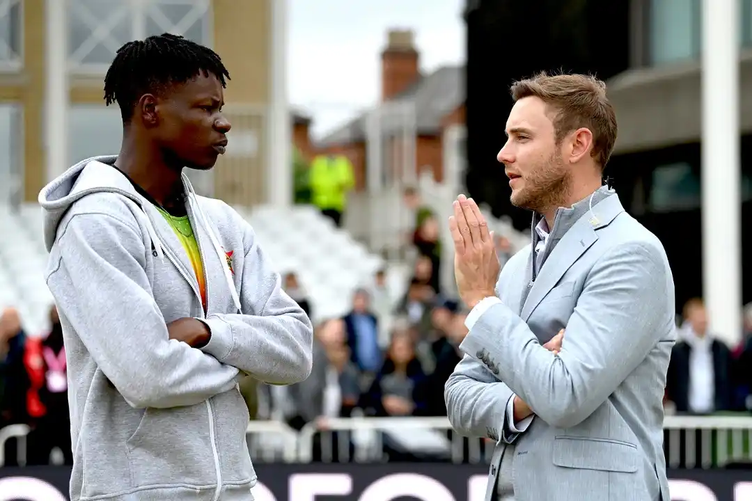 Image from Zimbabwe Cricket: Caption this ✍ Blessing Muzarabani and Stuart Broad 💬 <a class="te...