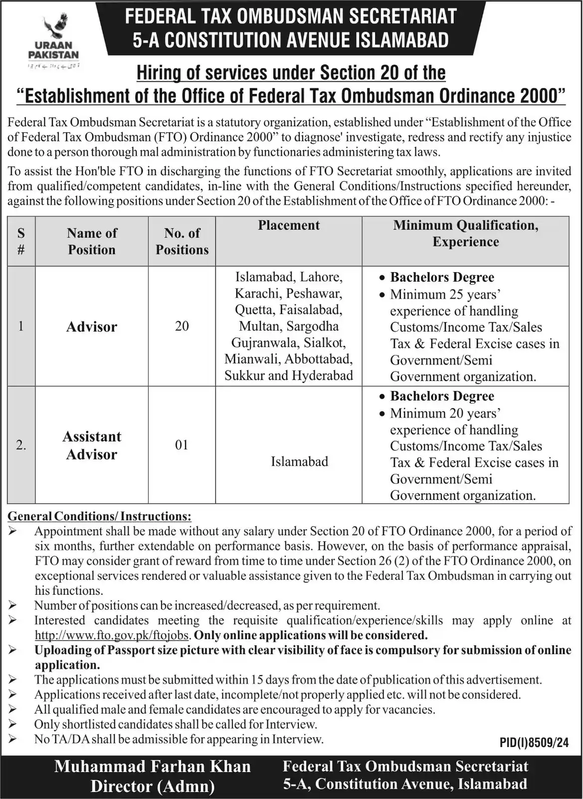 Image from Daily Pakistan Jobs: Federal Tax Ombudsman Secretariat  Jobs 2025 مزید معلومات کے لیے ہمارے...