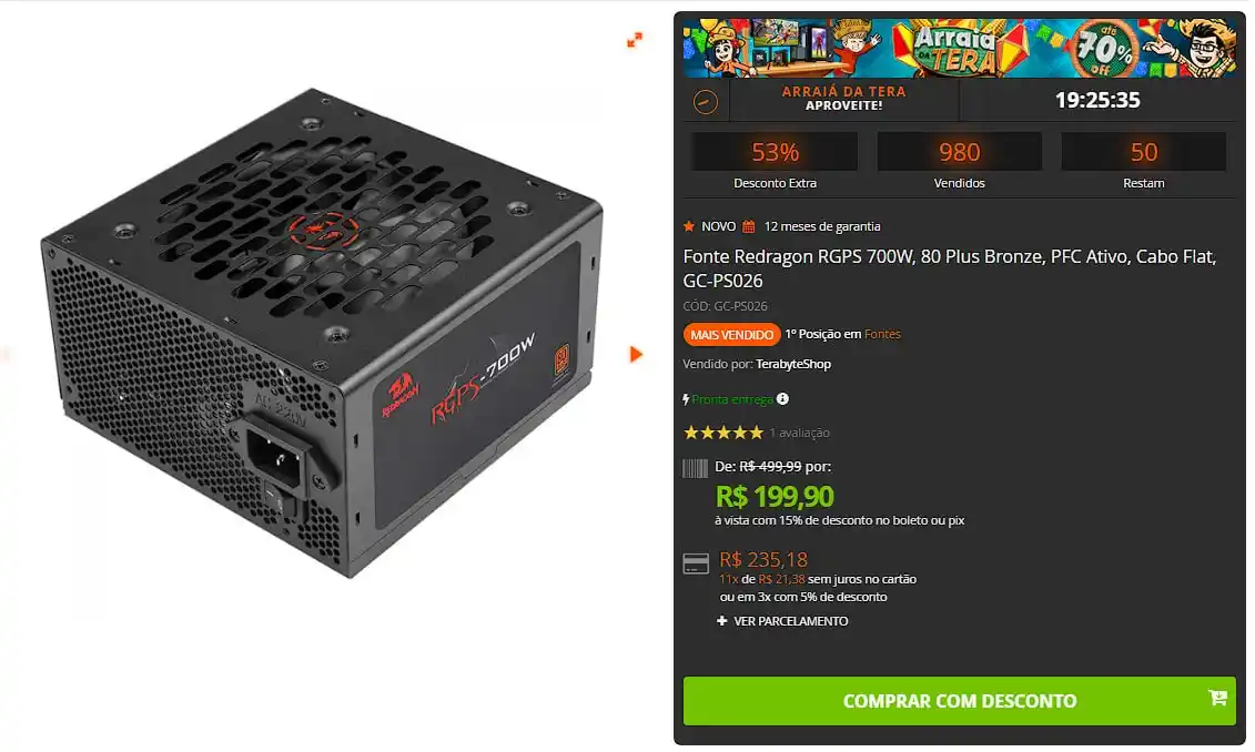 Image from 🔥 Shark das Promoções: 🔥 Fonte Redragon RGPS 700W, 80 Plus Bronze, PFC Ativo, Cabo Flat, GC-...