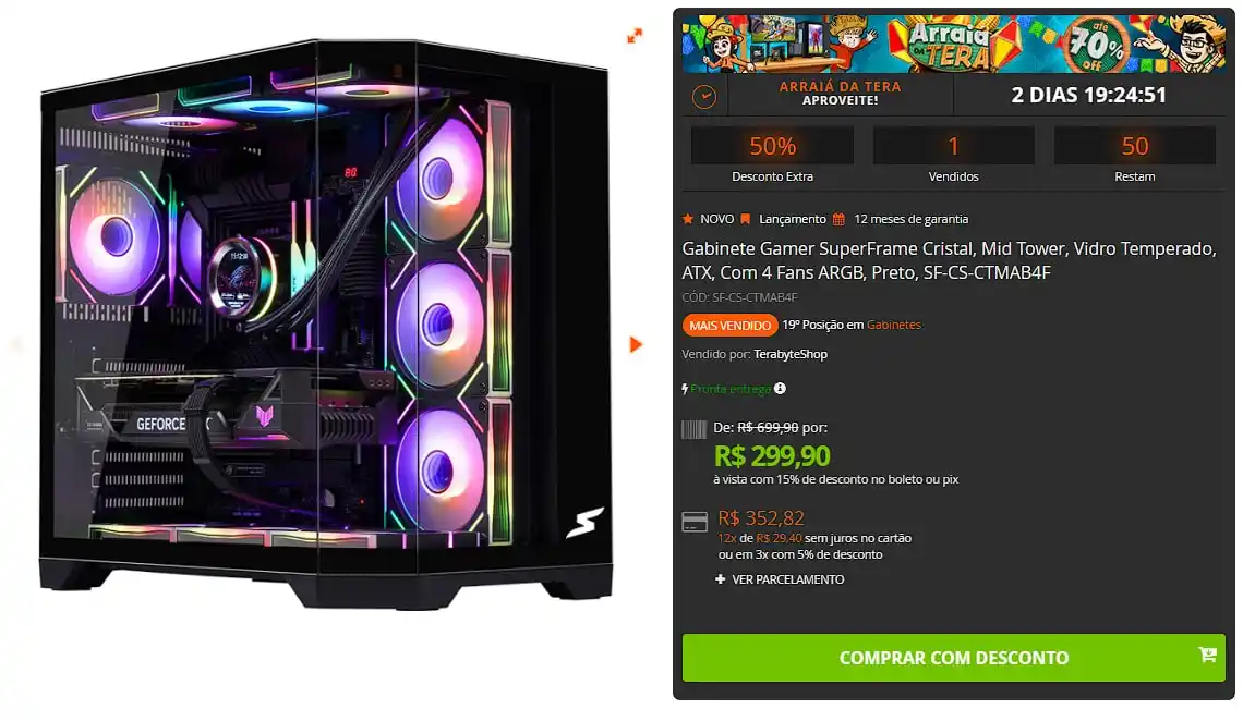 Image from 🔥 Shark das Promoções: 🔥 Gabinete Gamer SuperFrame Cristal, Mid Tower, Vidro Temperado, ATX,...