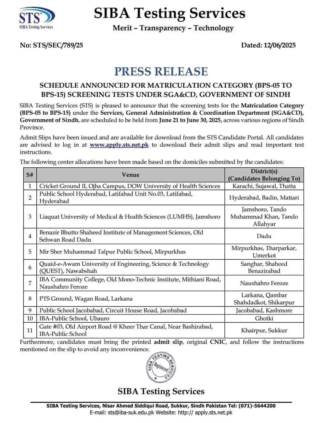 Image from Daily Pakistan Jobs: IBA Schedule announced for Matriculation Category (BPS-05 TO BPS-15) S...