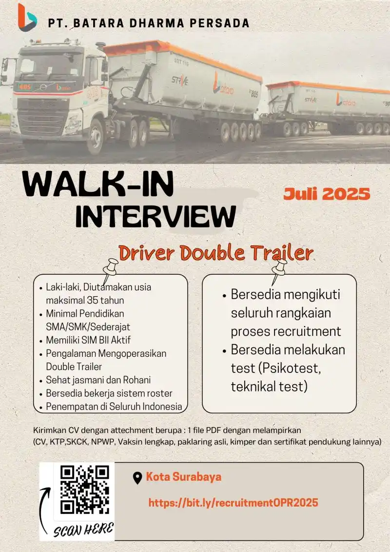 Image from INFO LOKER TAMBANG KALIMANTAN: jam  📢 WALK-IN INTERVIEW SURABAYA Kami membuka kesempatan untuk kamu ...