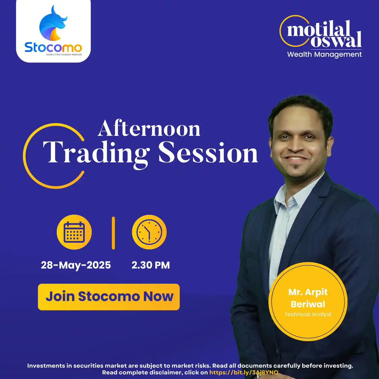 Image from Motilal Oswal Financial Services Ltd.: Join the live Afternoon Trading Session with our Expert Mr. Arpit Beri...