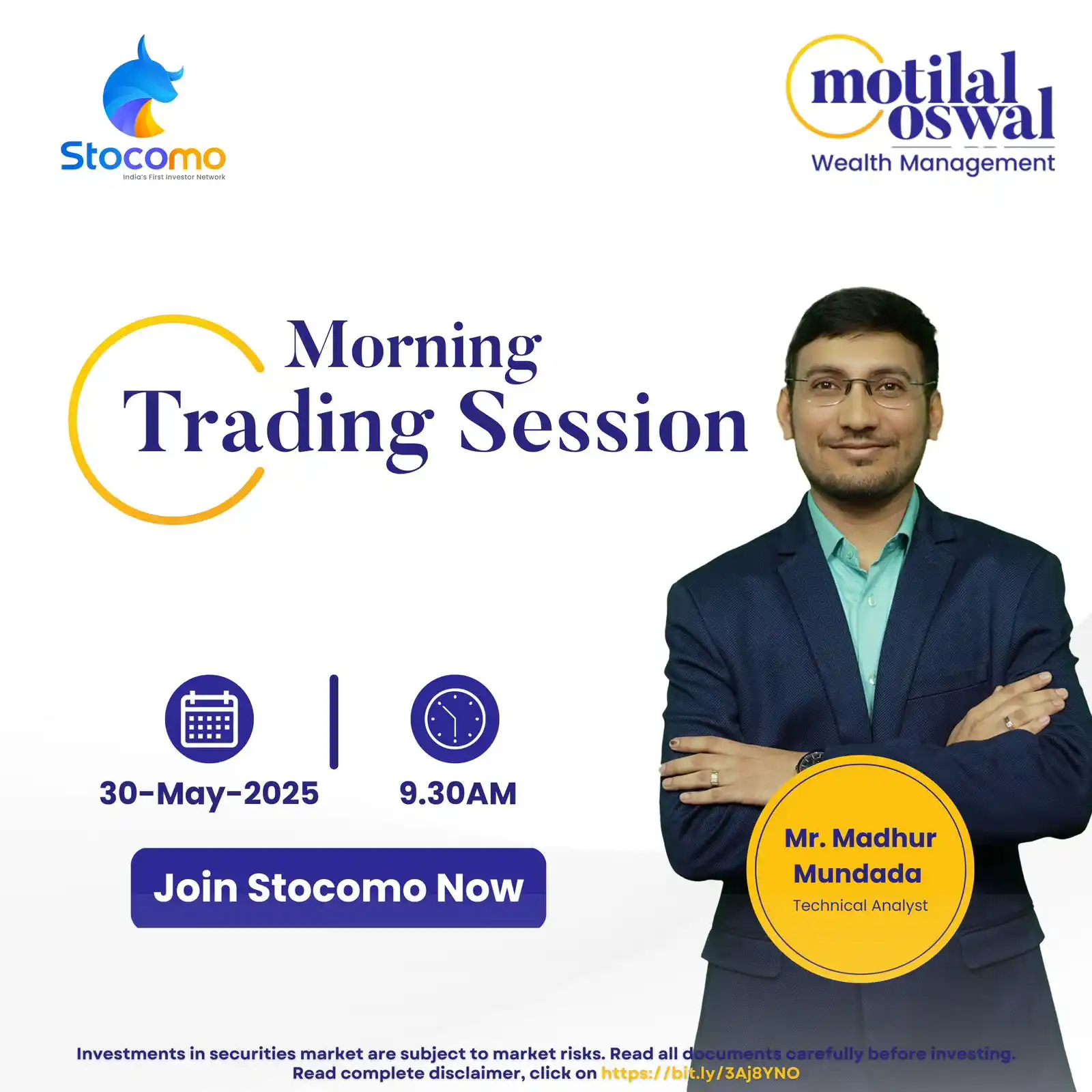 Image from Motilal Oswal Financial Services Ltd.: Join the live Morning Session with our Expert Mr. Madhur Mundada at 9...