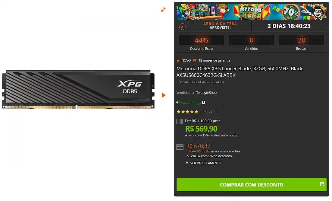 Image from 🔥 Shark das Promoções: 🔥 Memória DDR5 XPG Lancer Blade, 32GB, 5600MHz, Black, AX5U5600C4632G...