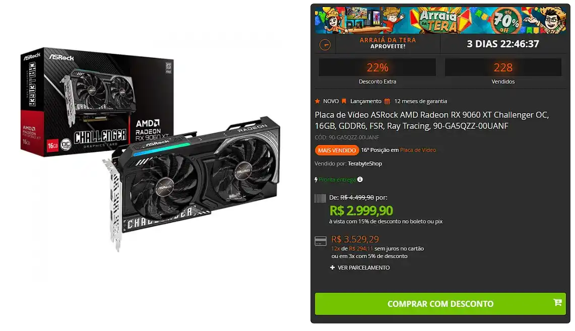Image from 🔥 Shark das Promoções: 🔥 Placa de Vídeo ASRock AMD Radeon RX 9060 XT Challenger OC, 16GB, GD...