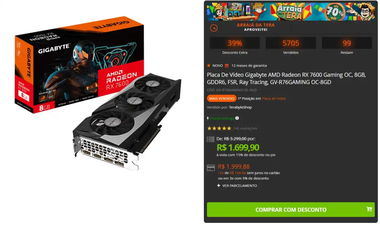 Image from 🔥 Shark das Promoções: 🔥 Placa De Vídeo Gigabyte AMD Radeon RX 7600 Gaming OC, 8GB, GDDR6, F...