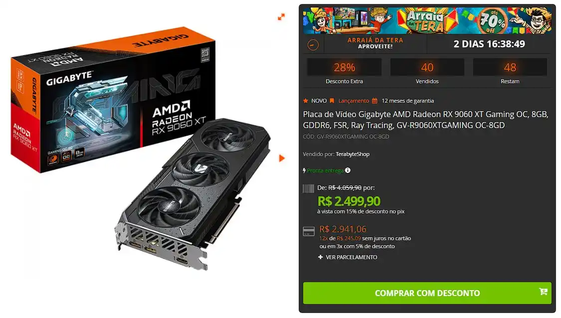 Image from 🔥 Shark das Promoções: 🔥 Placa de Vídeo Gigabyte AMD Radeon RX 9060 XT Gaming OC, 8GB, GDDR6...
