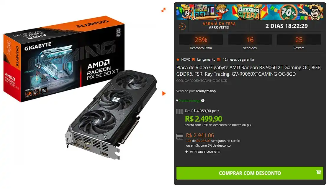 Image from 🔥 Shark das Promoções: 🔥 Placa de Vídeo Gigabyte AMD Radeon RX 9060 XT Gaming OC, 8GB, GDDR6...