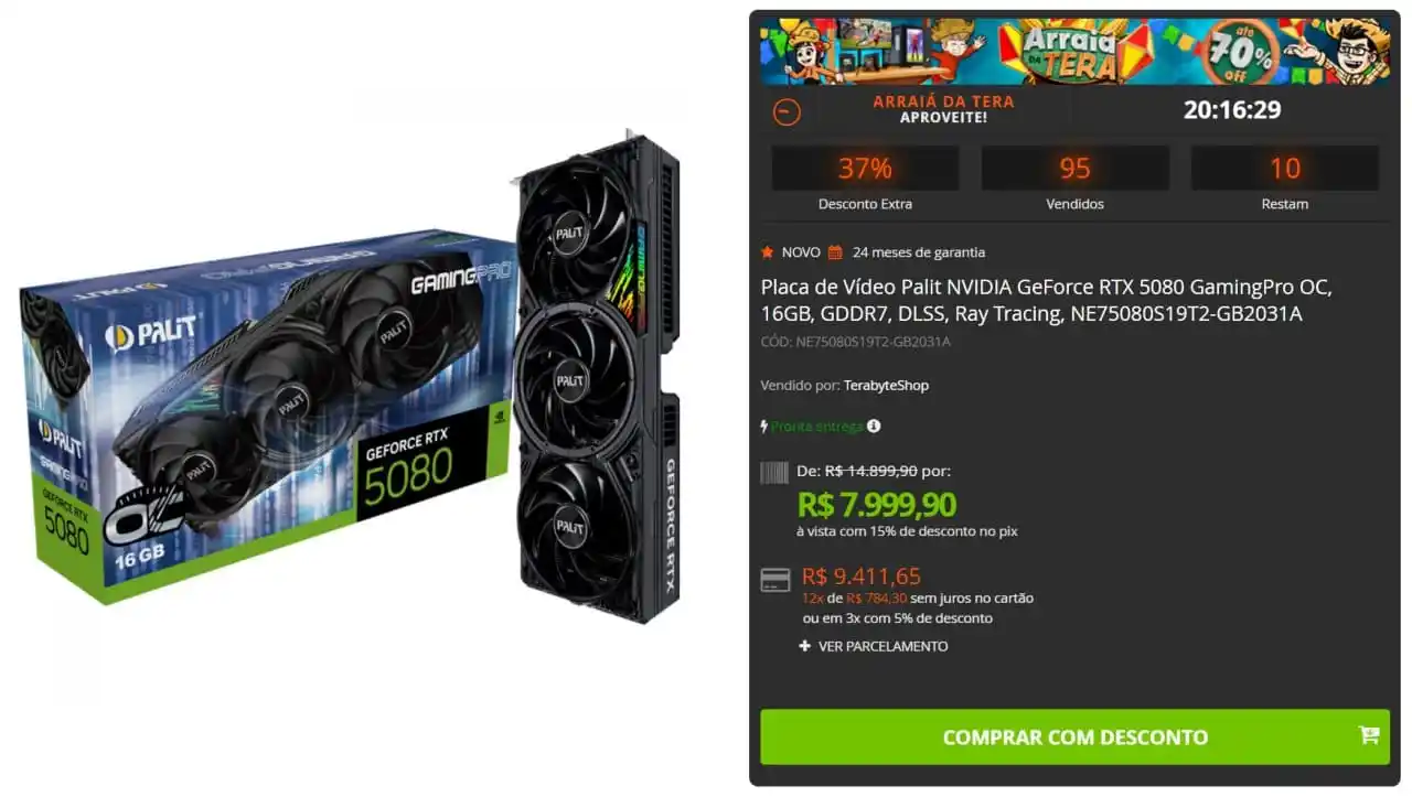 Image from 🔥 Shark das Promoções: 🔥 Placa de Vídeo Palit NVIDIA GeForce RTX 5080 GamingPro OC, 16GB, GD...