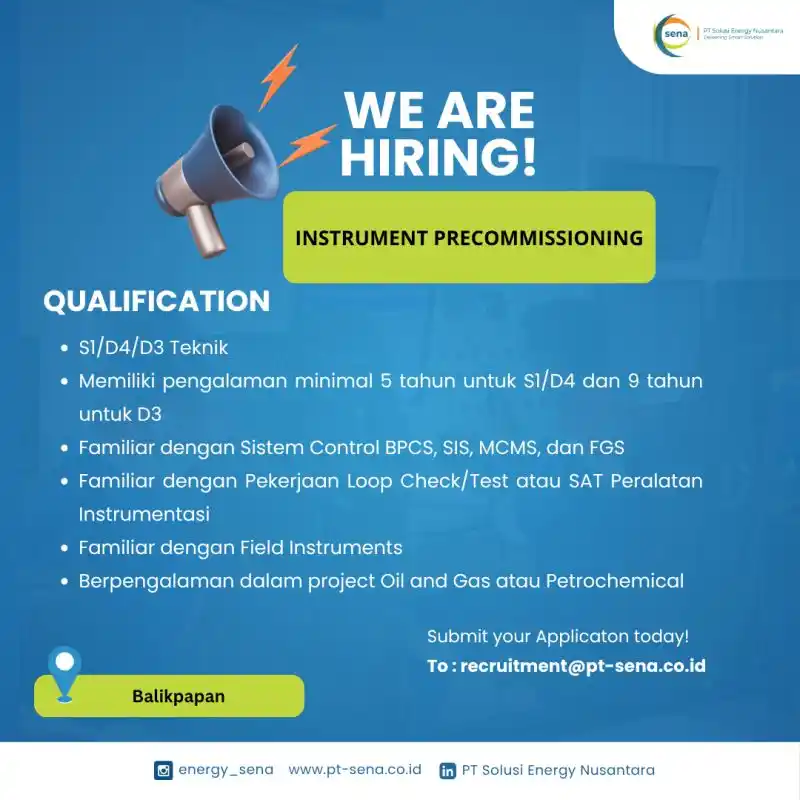 Image from INFO LOKER TAMBANG KALIMANTAN: PT SENA is looking for potential candidates to fill position: - Instr...