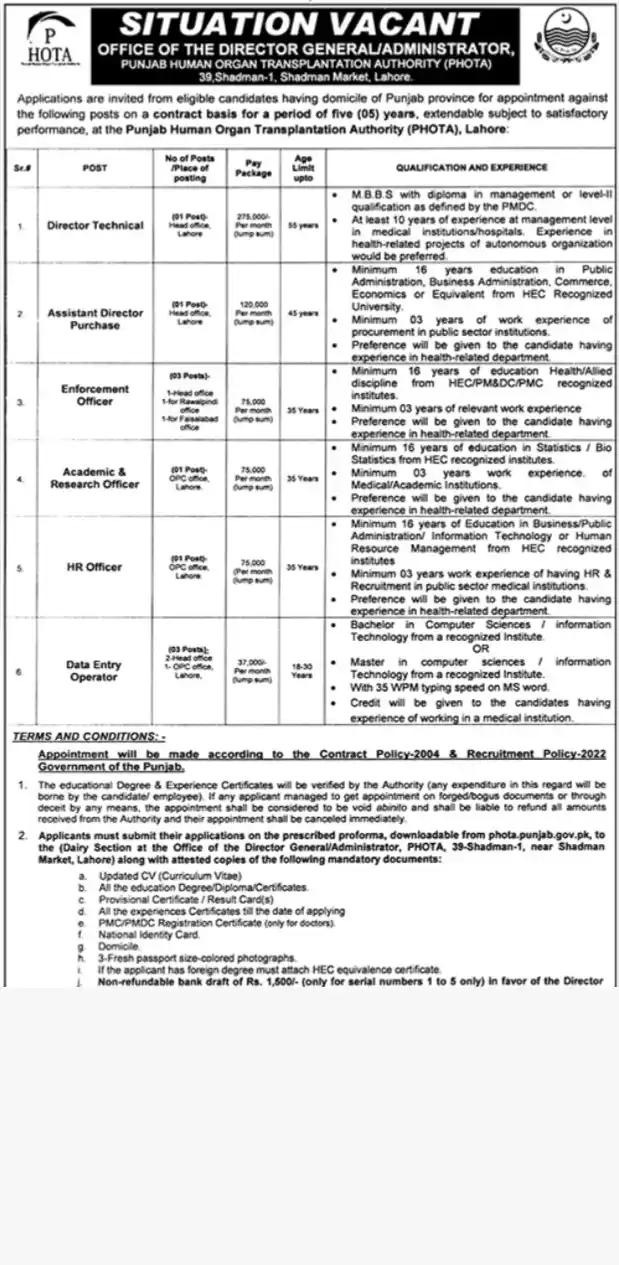 Image from Daily Pakistan Jobs: Punjab Human Organ Transplantation Authority PHOTA Jobs 2025 مزید معلو...