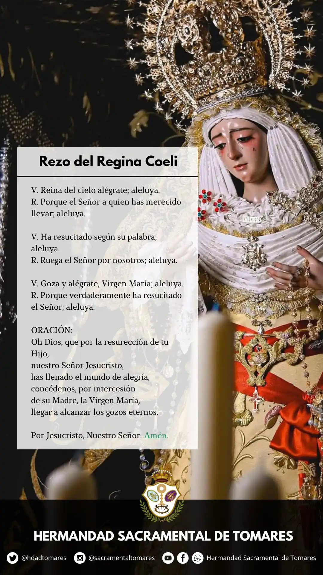 Image from Hermandad Sacramental Tomares: ๐๐๐๐๐๐ผ ๐พ๐๐๐๐ ๐ฏ๏ธ A las 12:00h. te invitamos a rezar el Reg...