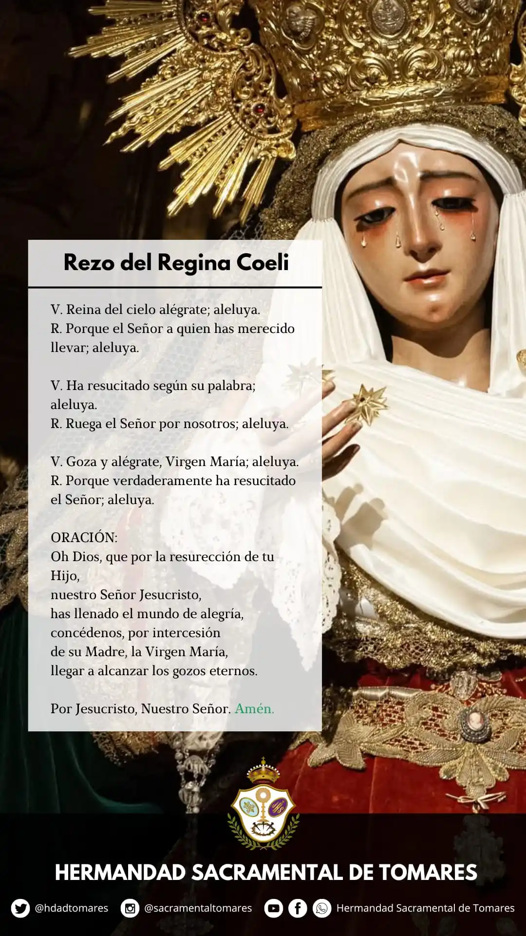 Image from Hermandad Sacramental Tomares: ๐๐๐๐๐๐ผ ๐พ๐๐๐๐ ๐ฏ๏ธ A las 12:00h. te invitamos a rezar el Reg...