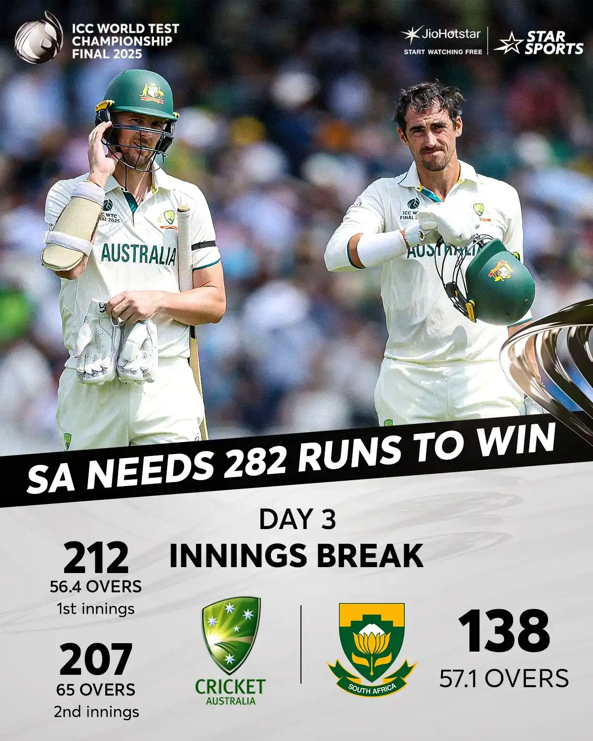 Image from Star Sports India: Target set, WTC mace in sight. 🎯 Will SA's batters defeat Australia'...