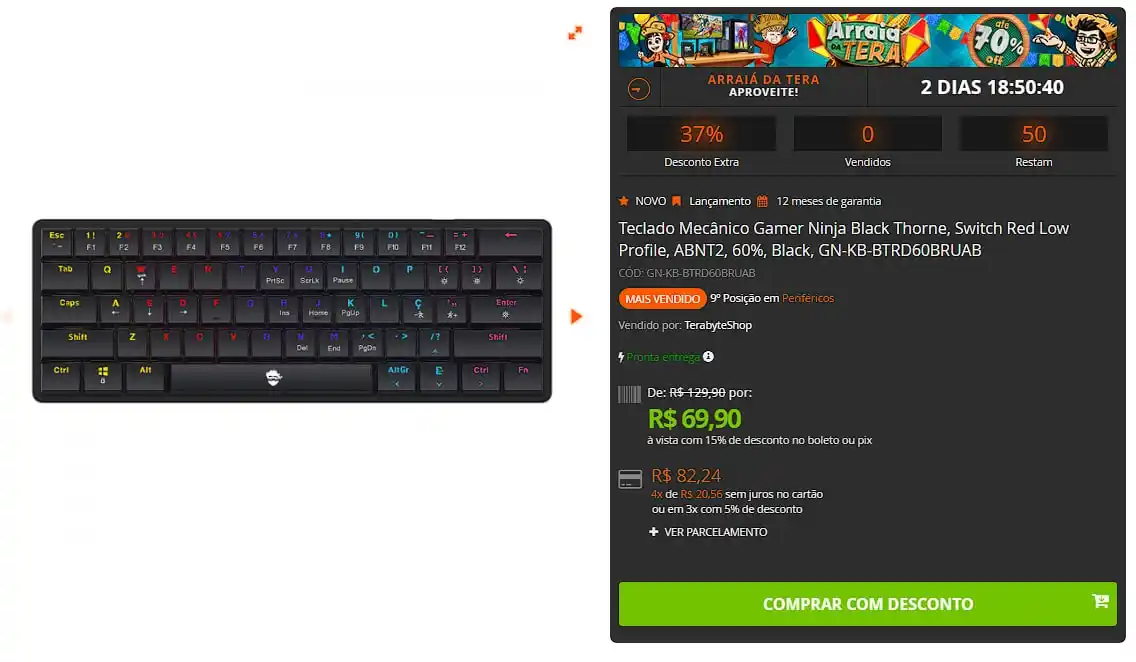 Image from 🔥 Shark das Promoções: 🔥 Teclado Mecânico Gamer Ninja Black Thorne, Switch Red Low Profile, ...