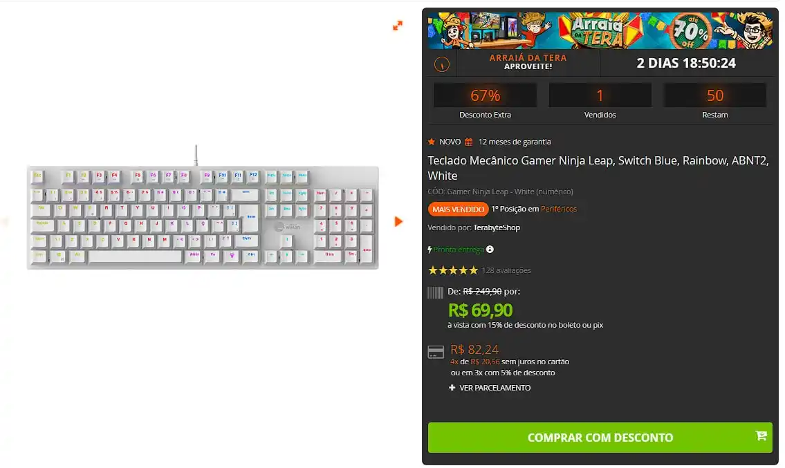 Image from 🔥 Shark das Promoções: 🔥 Teclado Mecânico Gamer Ninja Leap, Switch Blue, Rainbow, ABNT2, Whi...