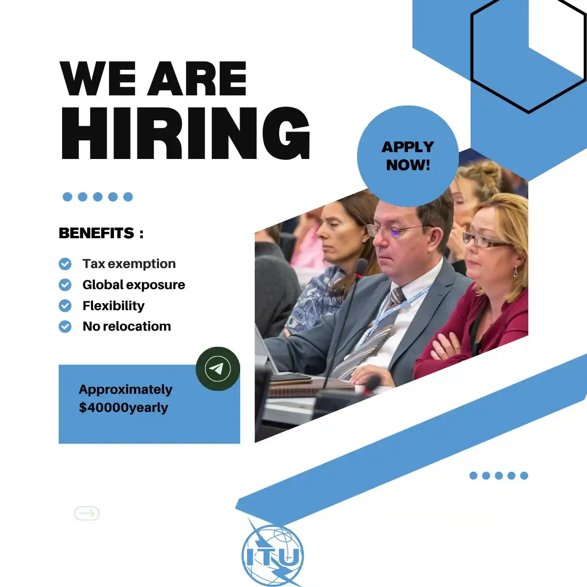 Image from UN Jobs & NGO Jobs: ๐ง๐ต๐ฒ ๐๐ป๐๐ฒ๐ฟ๐ป๐ฎ๐๐ถ๐ผ๐ป๐ฎ๐น ๐ง๐ฒ๐น๐ฒ๐ฐ๐ผ๐บ๐บ๐๐ป๐ถ๐ฐ๐ฎ๐๐ถ๐ผ๐ป ๏ฟฝ...