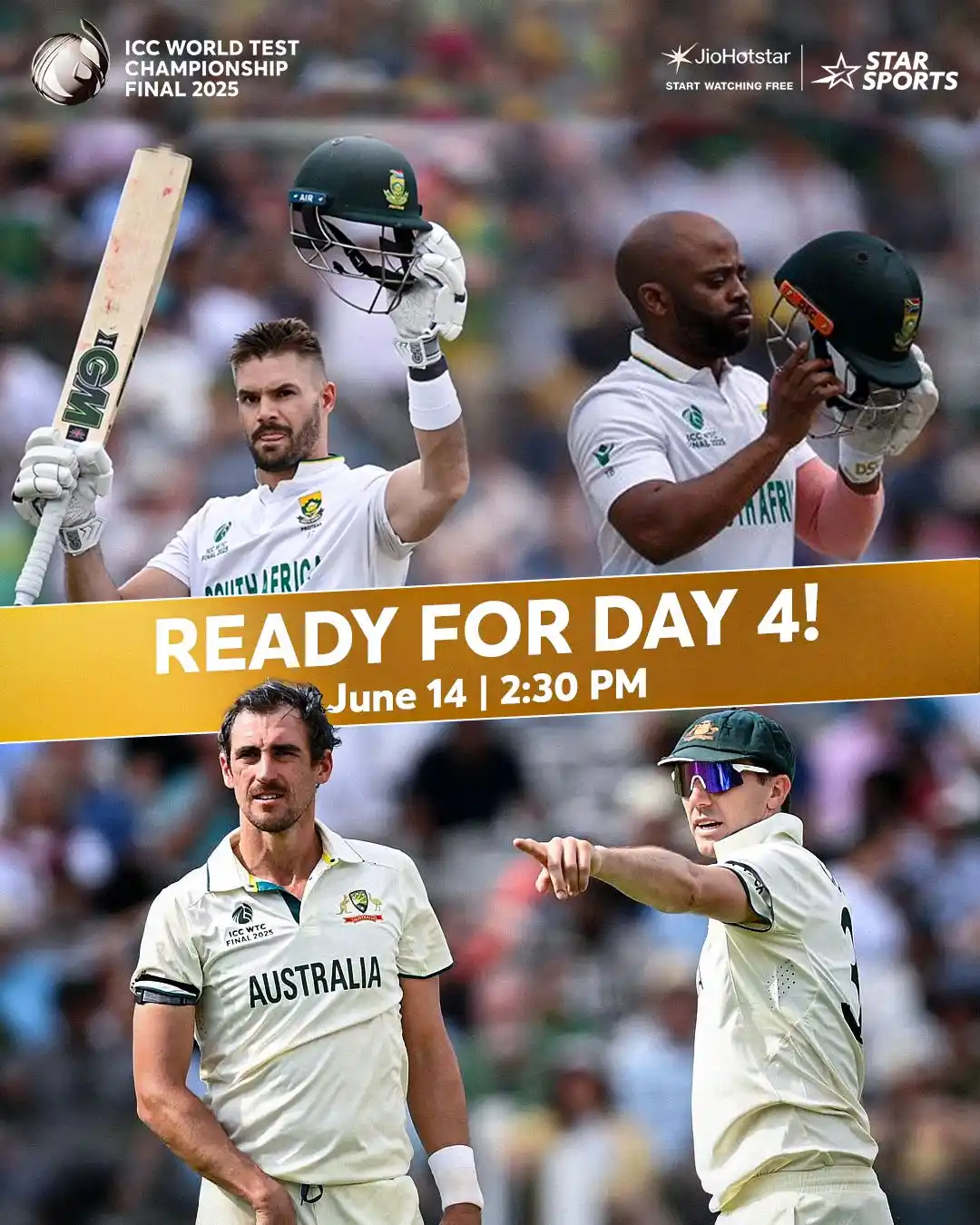 Image from Star Sports India: *Unmissable thrilling Day 4 TODAY, ICC WTC25 Final!*🤩 SA are just 69...