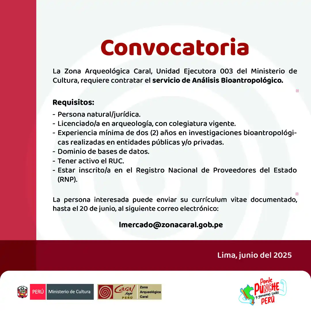 Image from Convocatorias de Trabajo 🇵🇪: 📢 ¡Ampliación de convocatoria hasta el 20 de junio! La Zona Arqueoló...