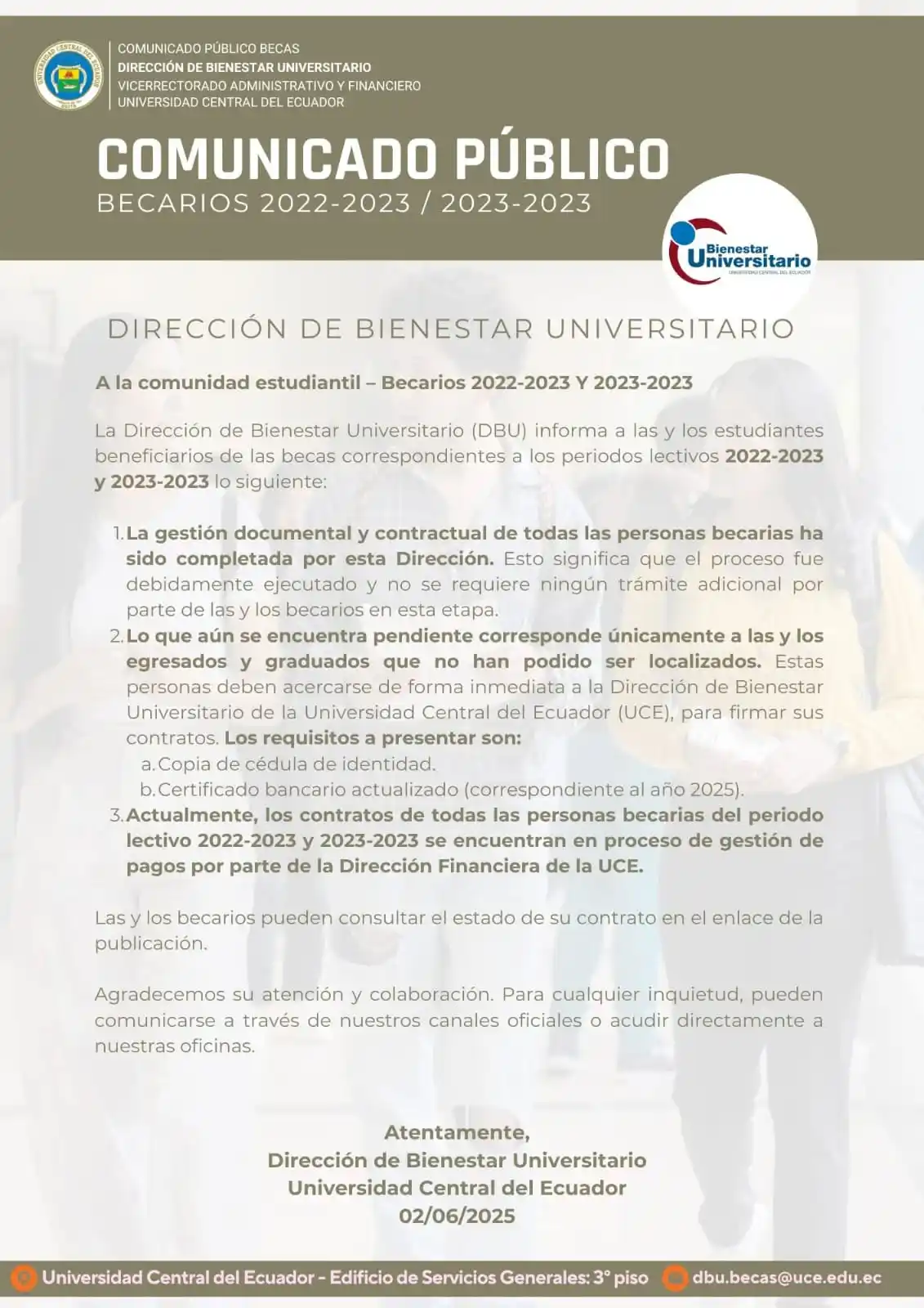Image from Estudiantes FCA - UCE: 🎓 ¡Atención becarias y becarios UCE! La Dirección de Bienestar Univer...