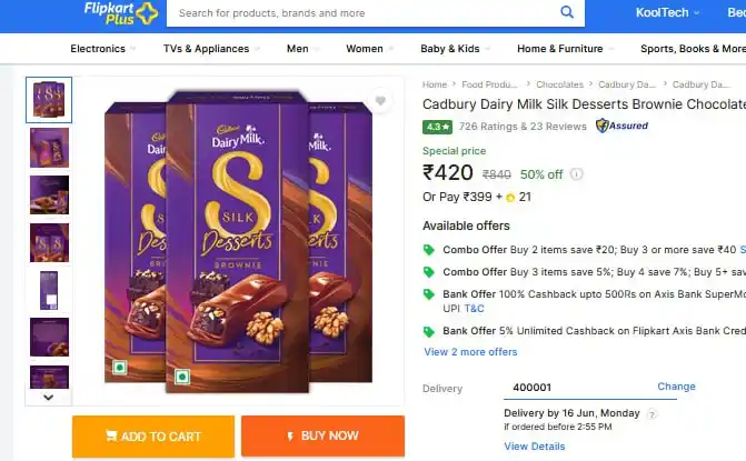 Image from Loots4u : Deals & Offers: Cadbury Dairy Milk Silk Desserts Brownie Chocolate Bars (Pack Of 3 x 1...