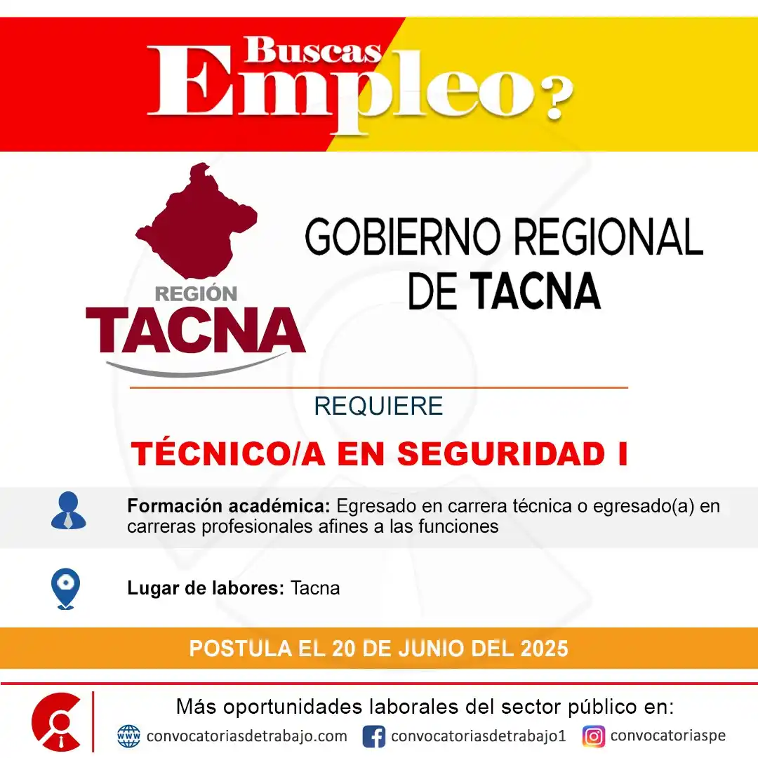 Image from Convocatorias de Trabajo 🇵🇪: 🎯 Convocatoria de Trabajo en: GOBIERNO REGIONAL DE TACNA (Tacna) 📋 M...