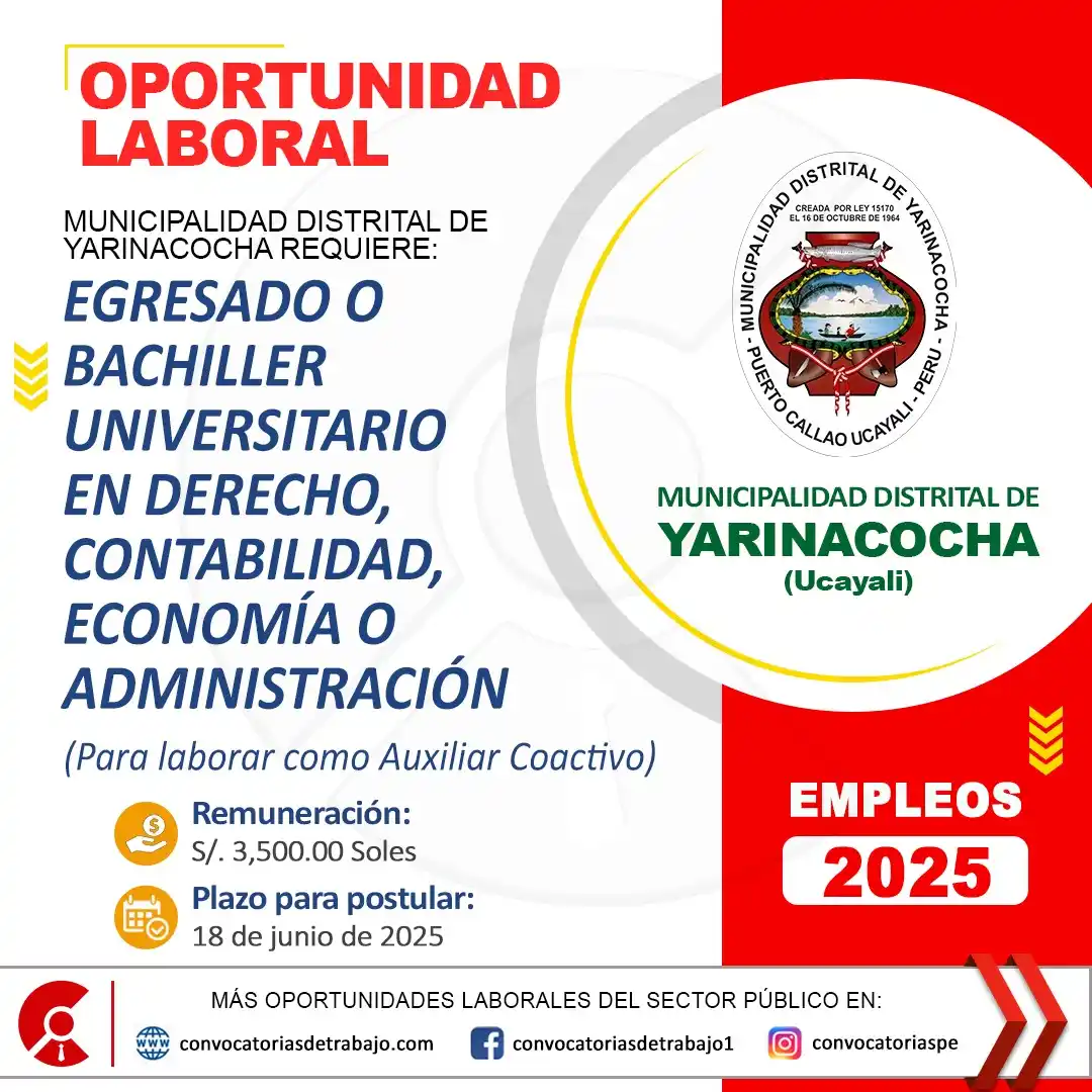 Image from Convocatorias de Trabajo 🇵🇪: 🎯 Convocatoria de Trabajo en: MUNICIPALIDAD DE YARINACOCHA - Ucayali ...