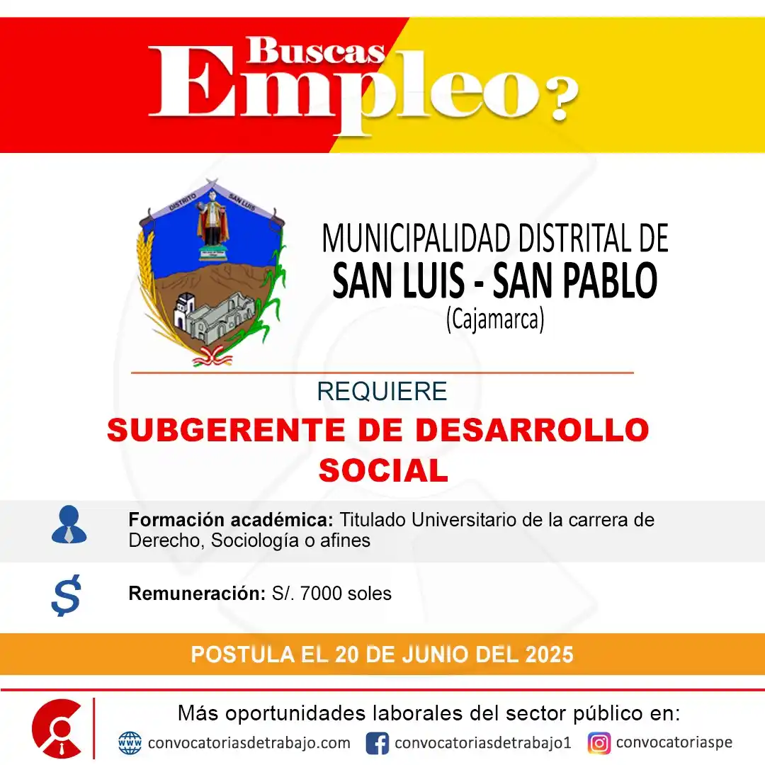 Image from Convocatorias de Trabajo 🇵🇪: 🎯 Convocatoria de Trabajo en: MUNICIPALIDAD SAN LUIS - SAN PABLO (Caj...