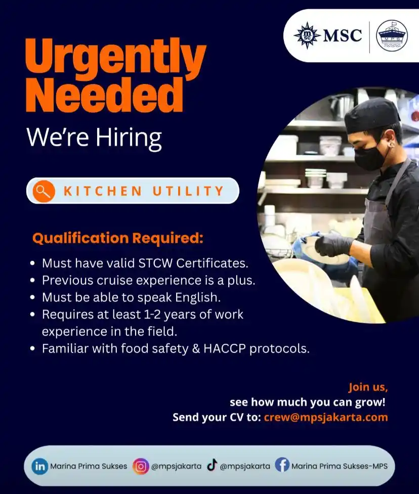 Image from Cruise Ship Jobs Updates 2025 Applications: INDONESIA!!! 🇮🇩 We're Hiring – Kitchen Utility Crew for MSC Cruise...