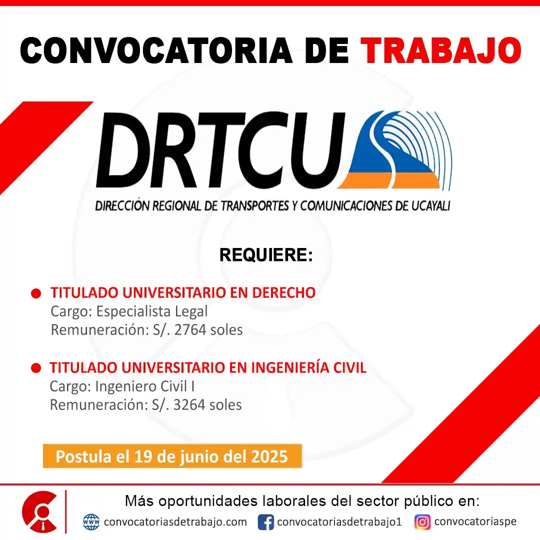 Image from Convocatorias de Trabajo 🇵🇪: 📢 Oportunidad laboral en: DIRECCIÓN DE TRANSPORTES(DRTC) UCAYALI - Uc...