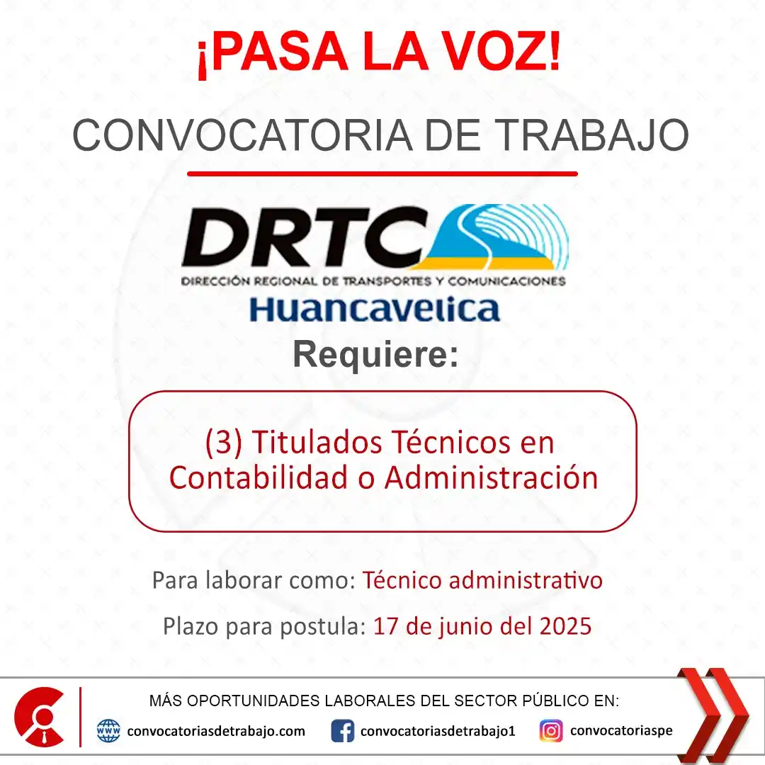 Image from Convocatorias de Trabajo 🇵🇪: 📢 Oportunidad laboral en: DIRECCIÓN TRANSPORTES HUANCAVELICA - Huanca...