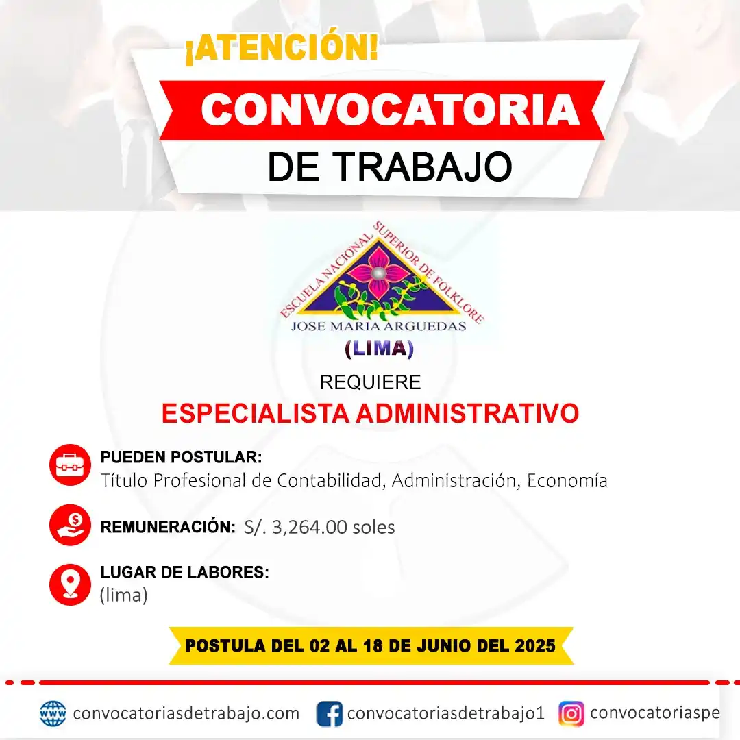 Image from Convocatorias de Trabajo 🇵🇪: 🚨 Oportunidad laboral en: ESCUELA SUPERIOR DE FOLKLORE - Lima 🏢 ✅ Va...